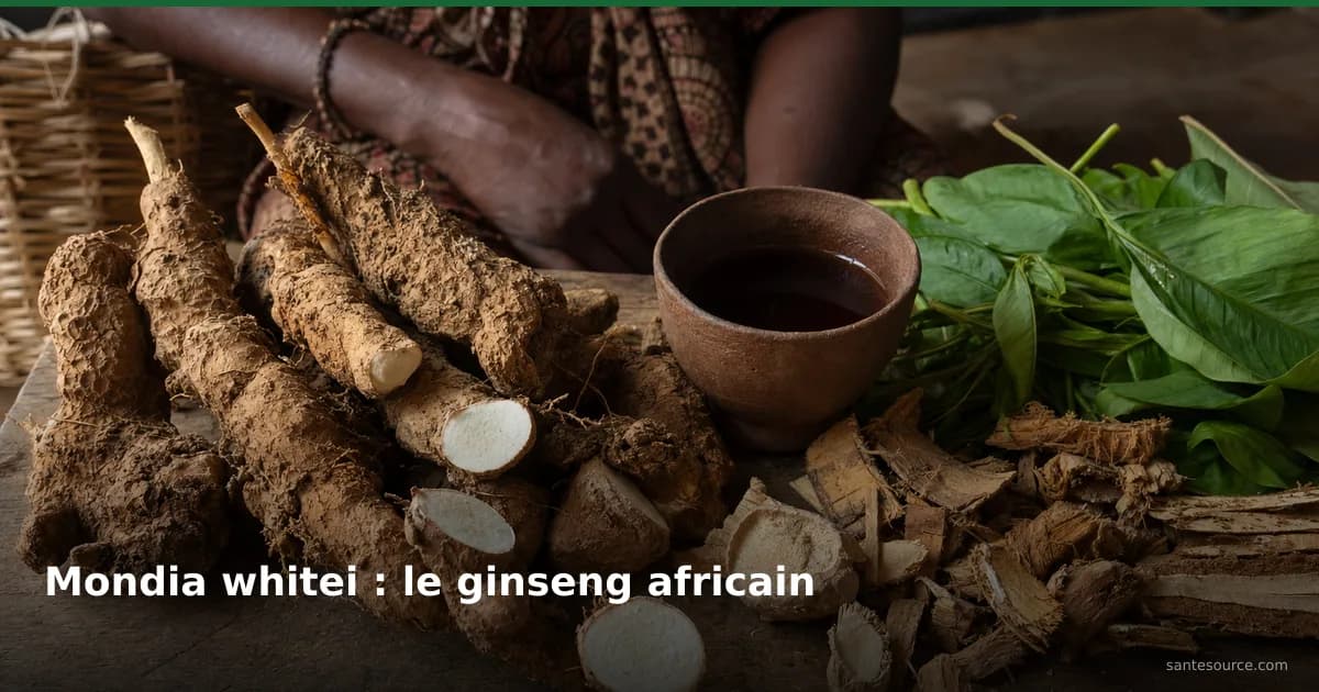 Racines fraîches et séchées de mondia whitei, le ginseng africain, près d'une tasse de décoction pour la libido masculine