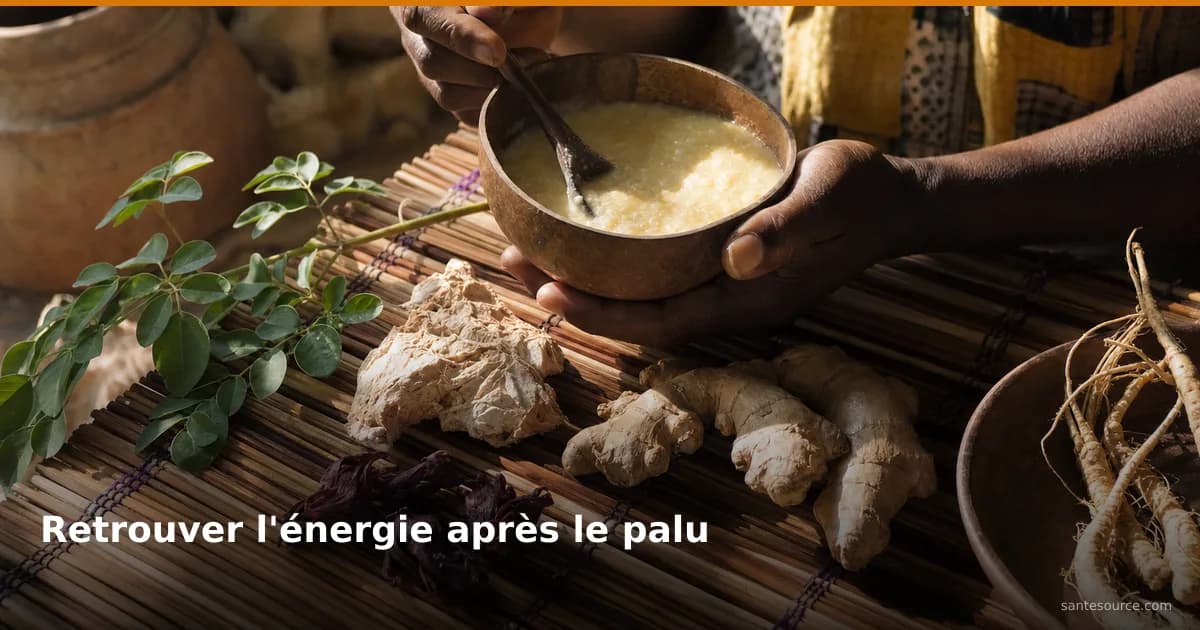 Calebasse de bouillie enrichie entourée de plantes revitalisantes ouest-africaines — moringa, baobab, gingembre — pour la convalescence après le paludisme