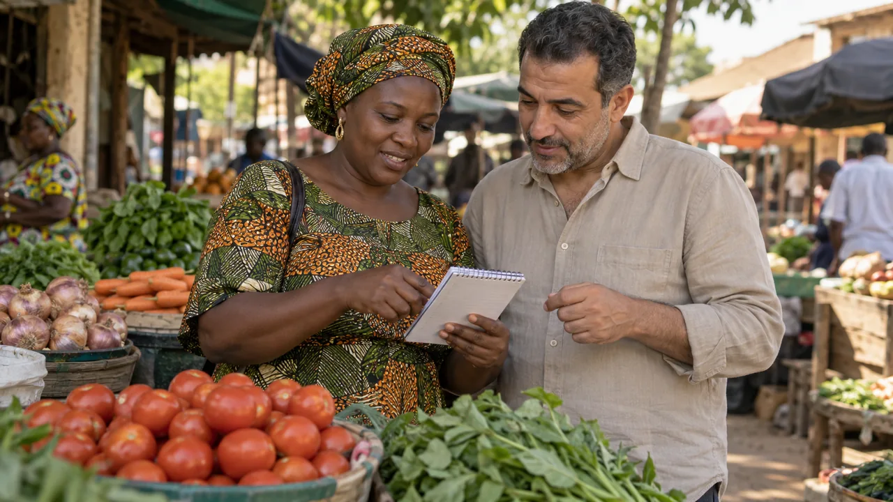 Deux adultes préparent une liste de courses près d’un étal de légumes du quotidien.