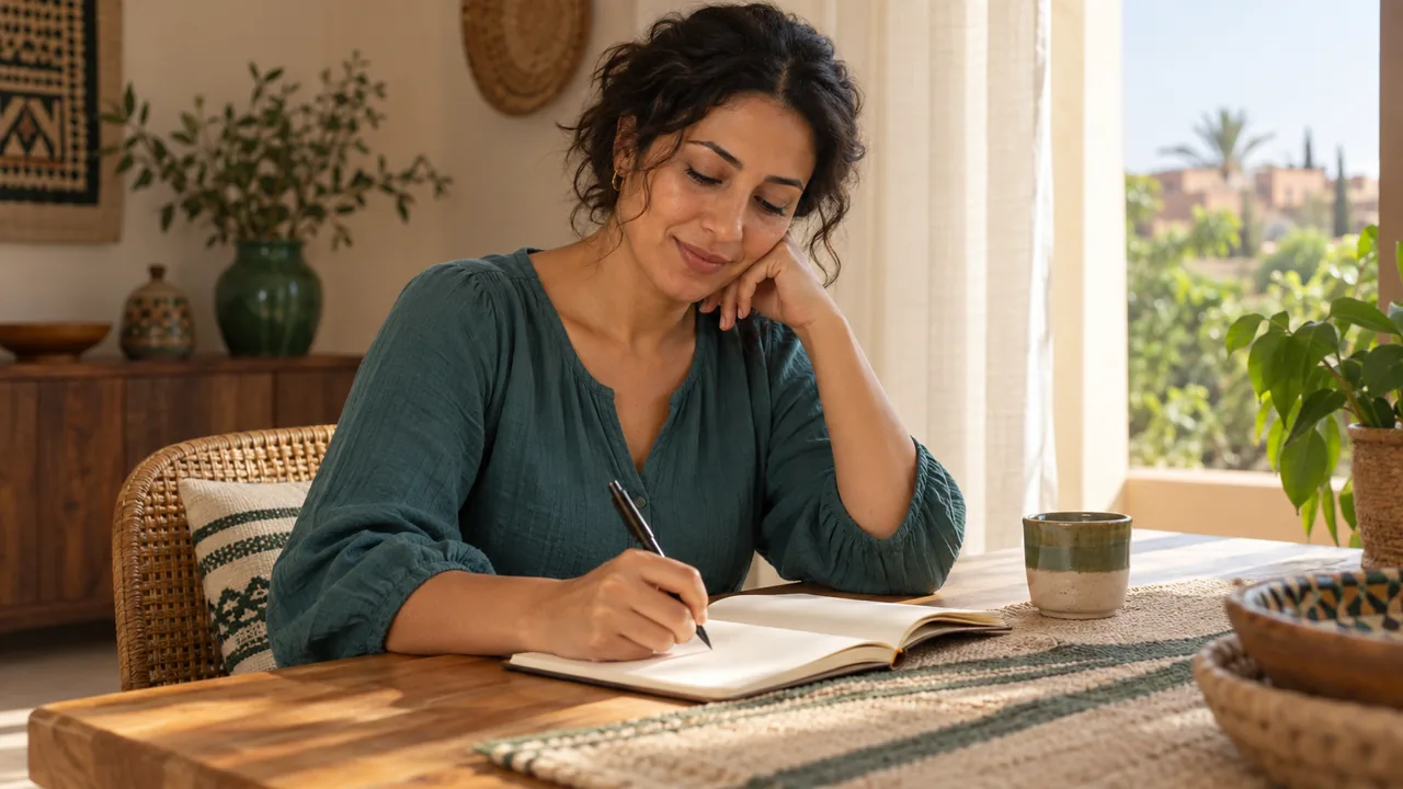 Une adulte écrit dans son carnet près d’une fenêtre, à son propre rythme.