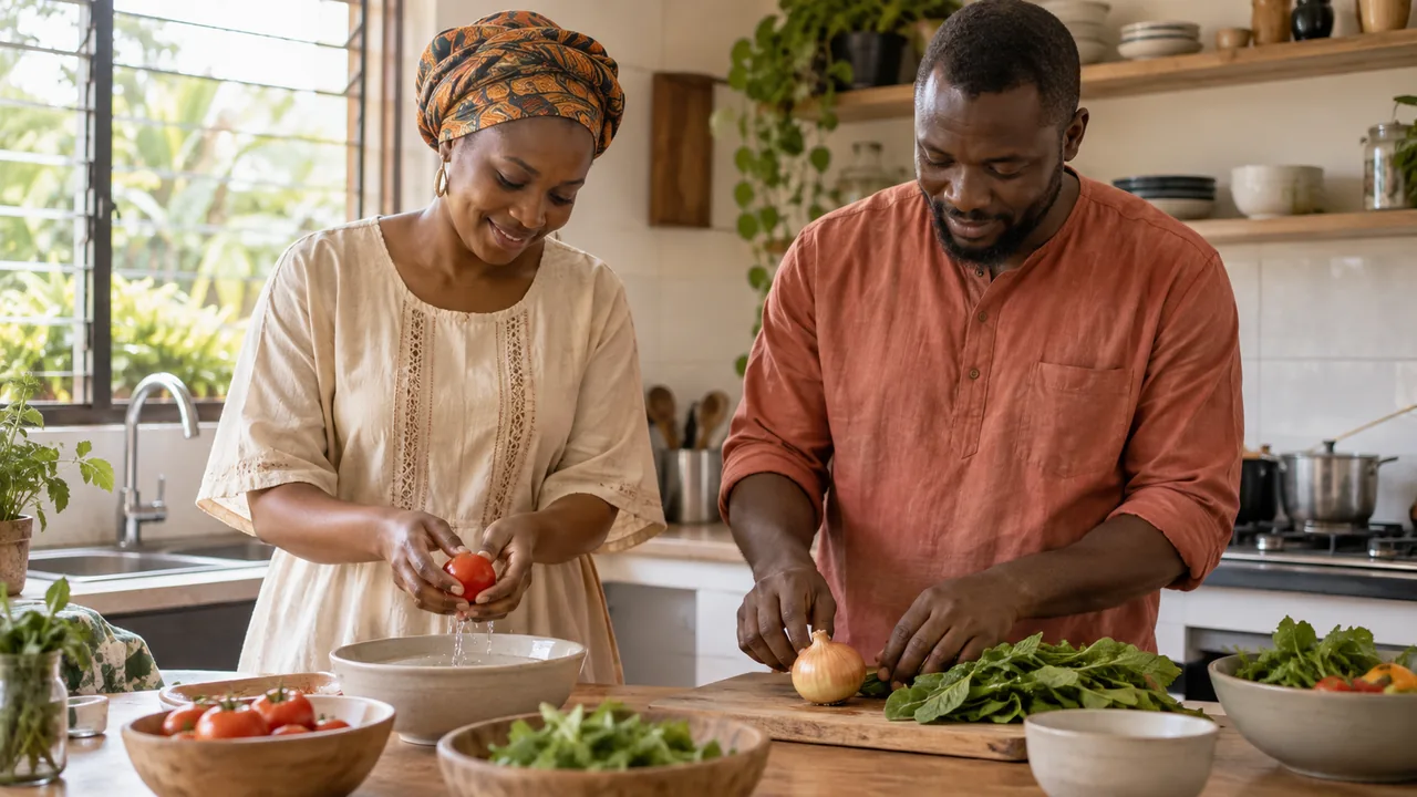Deux adultes préparent un repas familier ensemble dans une cuisine lumineuse.