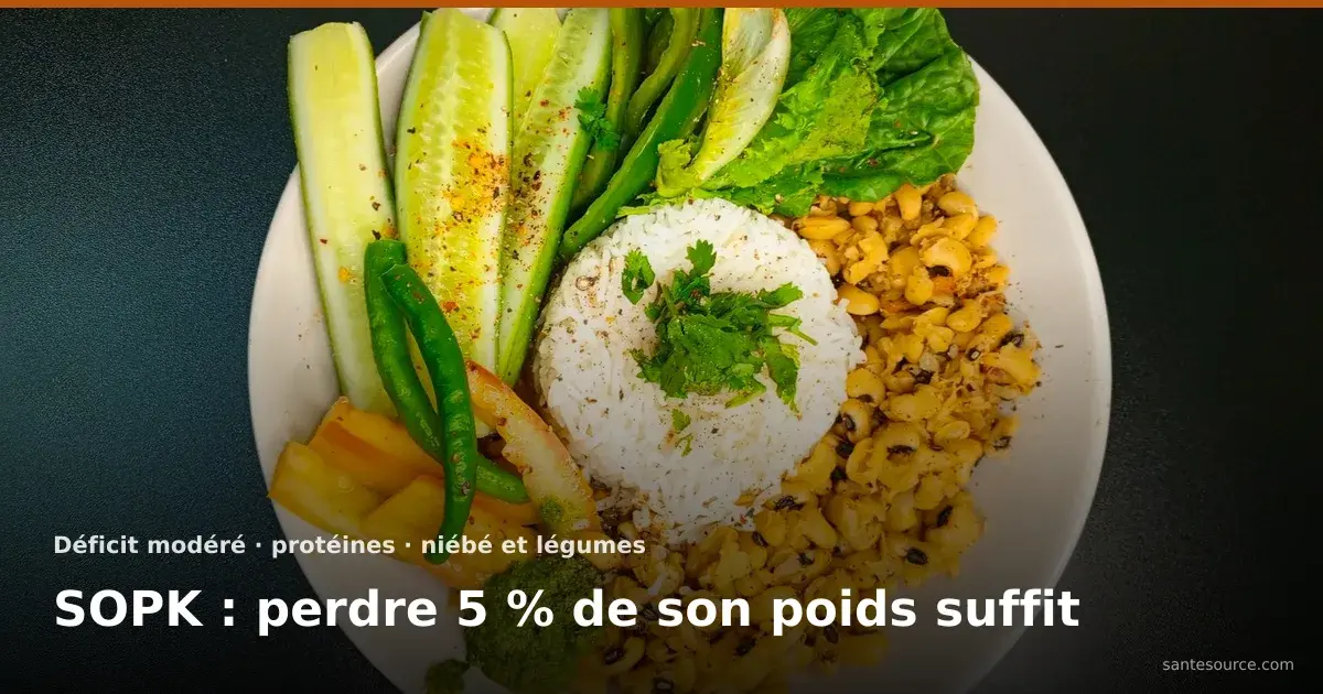 Assiette de riz, niébé et légumes frais en grande quantité, repère de repas équilibré pour perdre du poids avec un SOPK