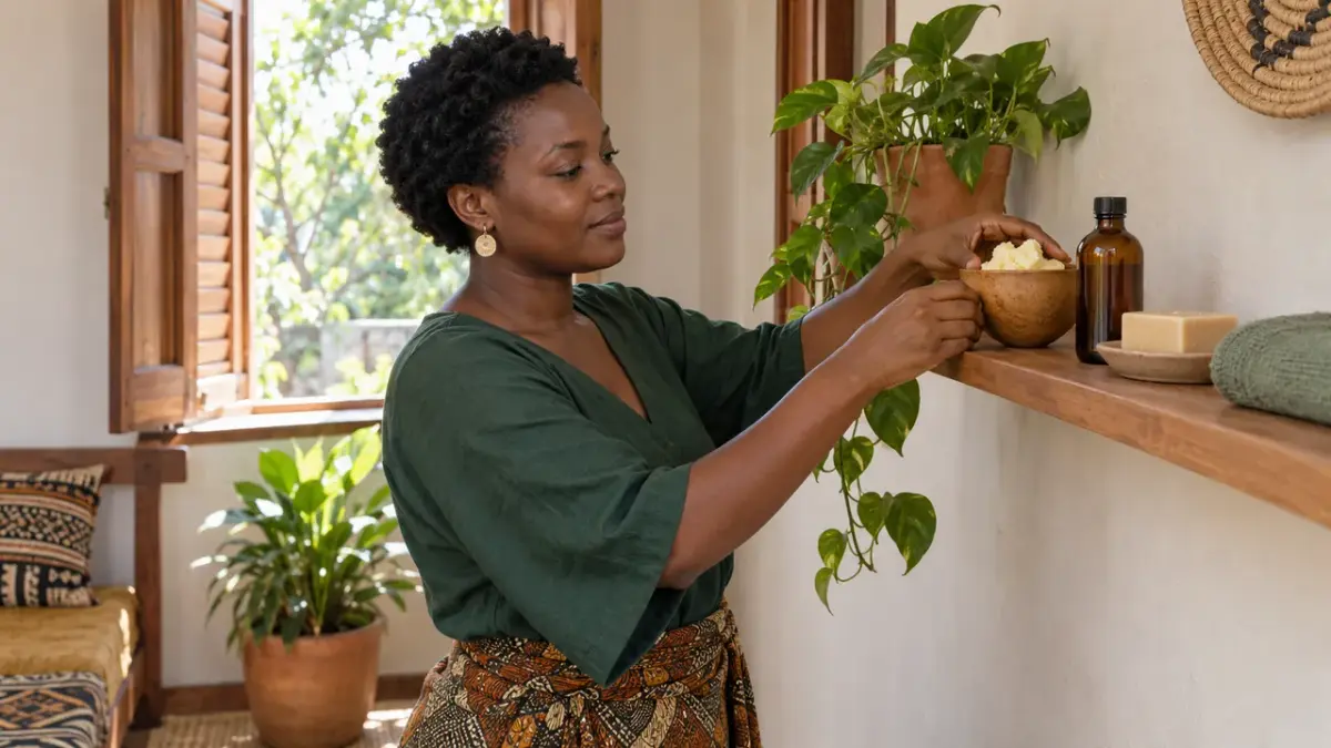 Une adulte range un bol de beurre de karité, un flacon et un savon sur une étagère, près d’une fenêtre ouverte.