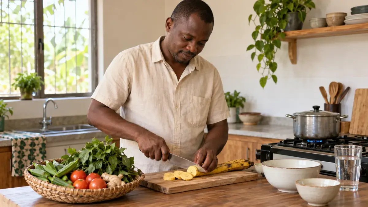 Un adulte coupe des bananes plantain pour un repas simple, avec des légumes du marché sur le plan de travail.
