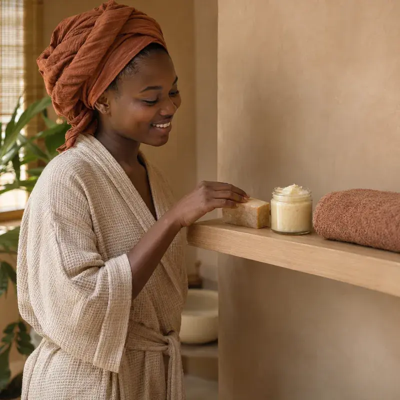 Une Sénégalaise sourit devant une étagère épurée : un savon, un pot de karité et une serviette.