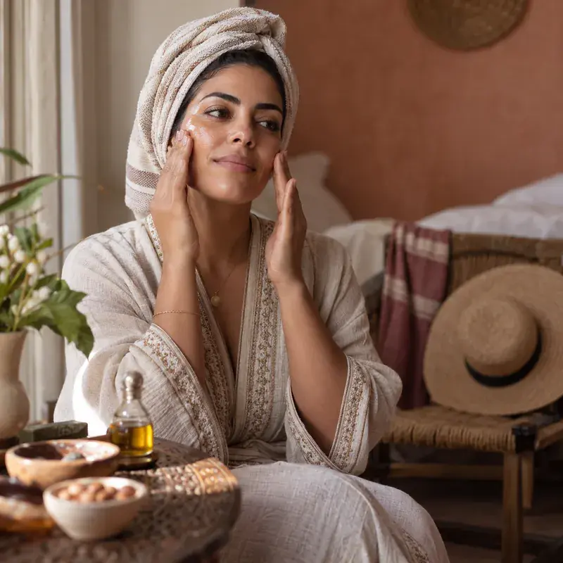 Une Marocaine applique délicatement de l'huile d'argan sur ses joues, un chapeau de paille à côté.