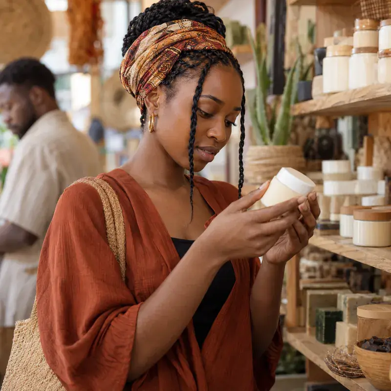 Une Camerounaise lit attentivement le dos d'un pot de crème dans un magasin.