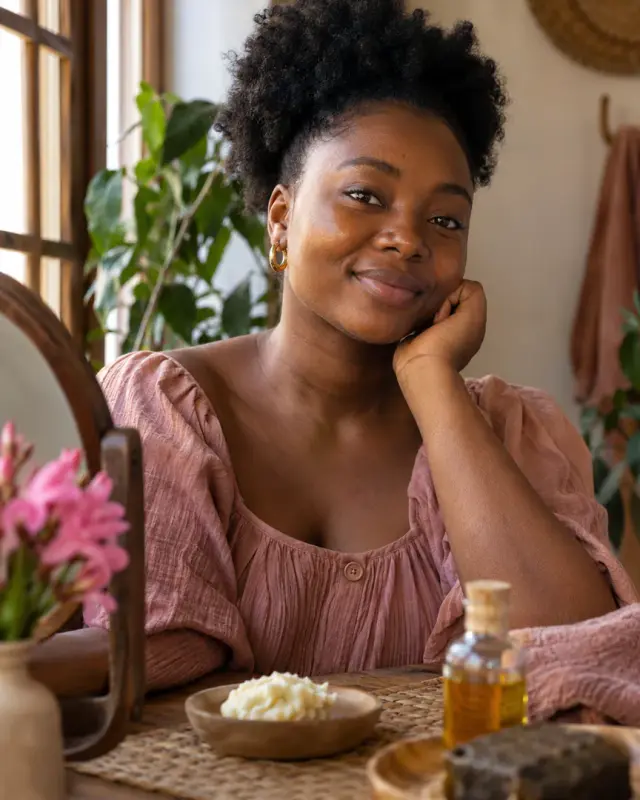 Portrait d'une Camerounaise aux cheveux naturels, souriante, dans une lumière douce.