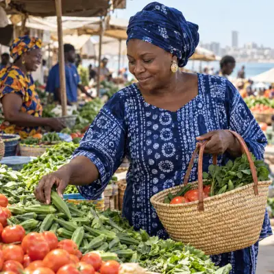 Une Sénégalaise remplit son panier de gombos, tomates et feuilles vertes au marché.