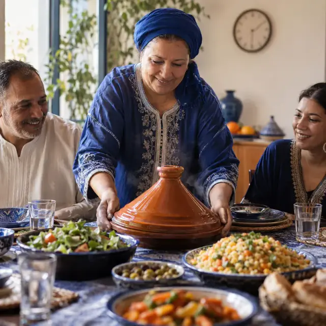Une mère marocaine pose un tajine au centre de la table familiale à l'heure du déjeuner.