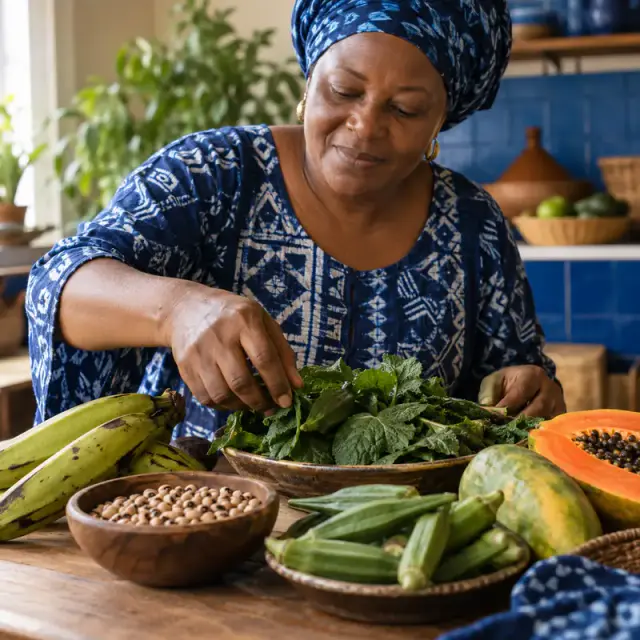 Une Camerounaise dispose plantain, niébé, gombo et feuilles de ndolé sur la table.