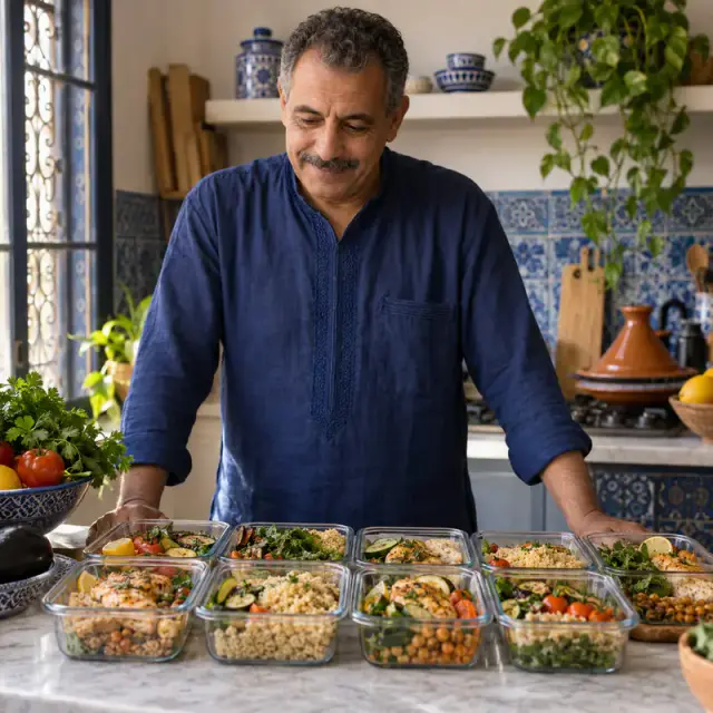 Un Tunisien observe une rangée de boîtes de repas simples préparées pour la semaine.
