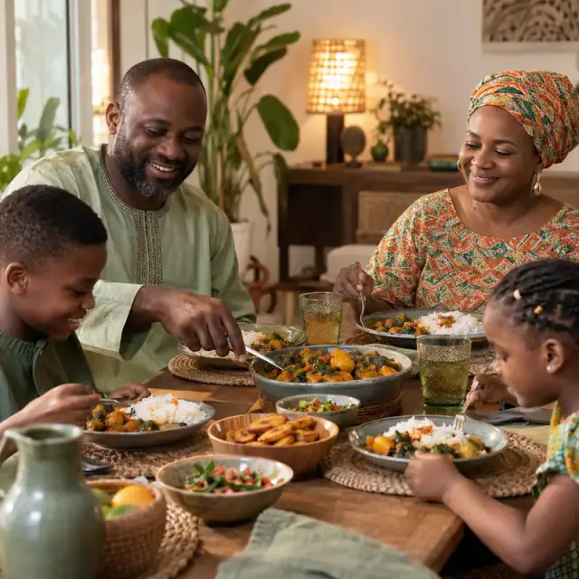 Une famille ivoirienne se met à table pour le dîner, à heure fixe.