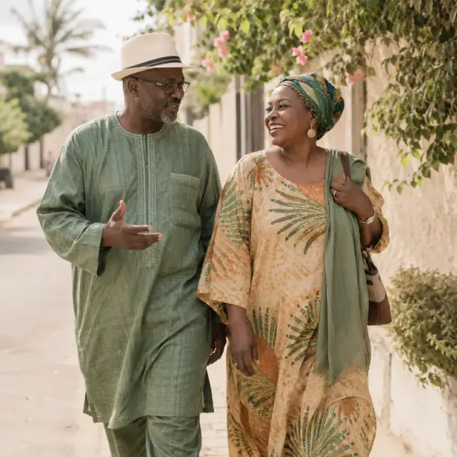 Un couple sénégalais fait une petite promenade dans le quartier après le déjeuner.