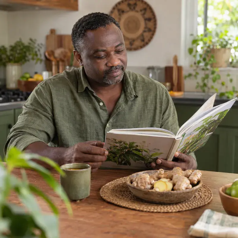 Un Camerounais lit un livre sur les plantes à sa table de cuisine, près d'un bol de gingembre.