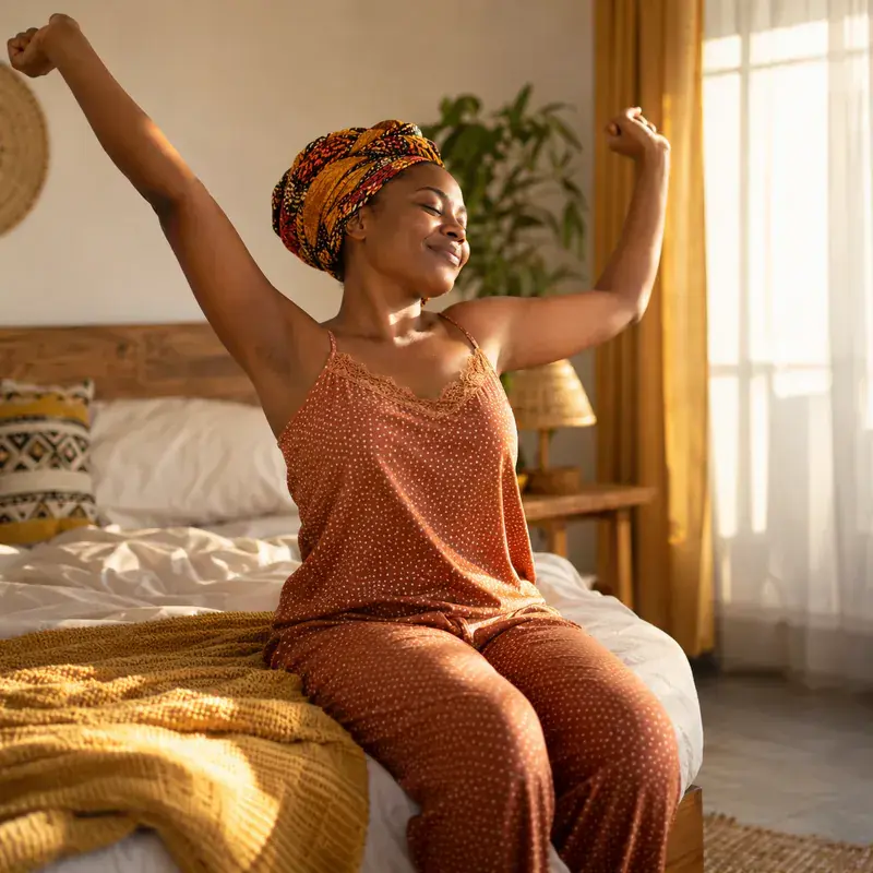 Une Camerounaise s'étire au réveil, assise au bord de son lit, dans la lumière du matin.