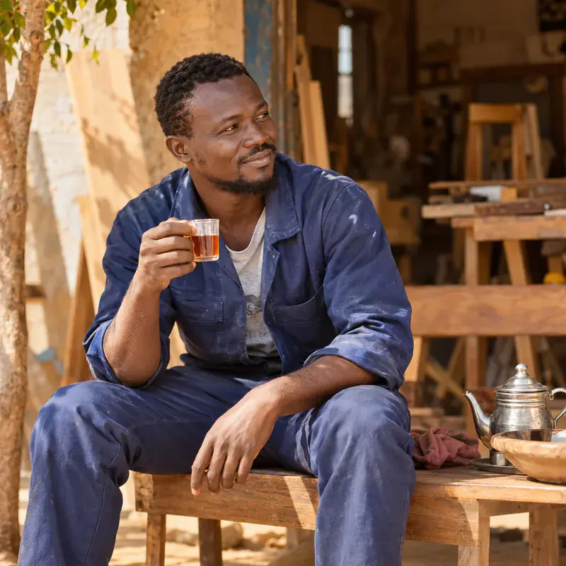 Un Sénégalais fait une pause thé sur un banc devant son atelier l'après-midi.