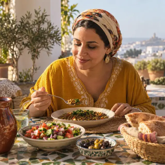 Une Algérienne déjeune tranquillement de lentilles, de salade et de pain à une table ensoleillée.