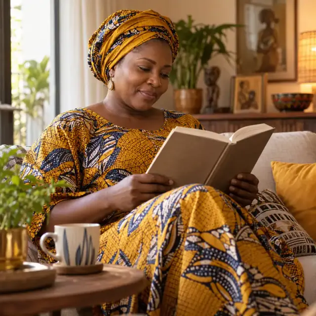 Une Ivoirienne lit attentivement dans un coin calme de son salon.