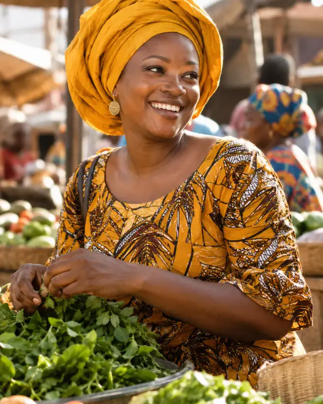 Portrait d'une Sénégalaise rayonnante au foulard safran, dans le soleil du matin.