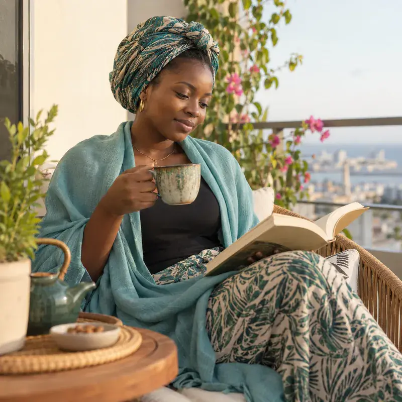 Une Sénégalaise profite d'un moment pour elle sur son balcon, avec un livre et un thé.