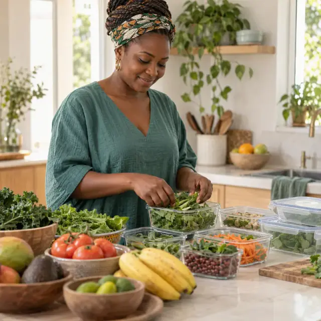 Une Ivoirienne répartit légumes, haricots et fruits dans des boîtes pour la semaine.