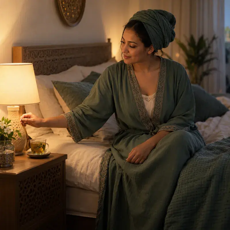 Une Marocaine prépare sa chambre pour la nuit, lampe tamisée et infusion sur la table de chevet.