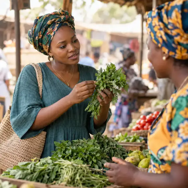Une Camerounaise examine un bouquet d'herbes fraîches au marché et pose une question à la vendeuse.