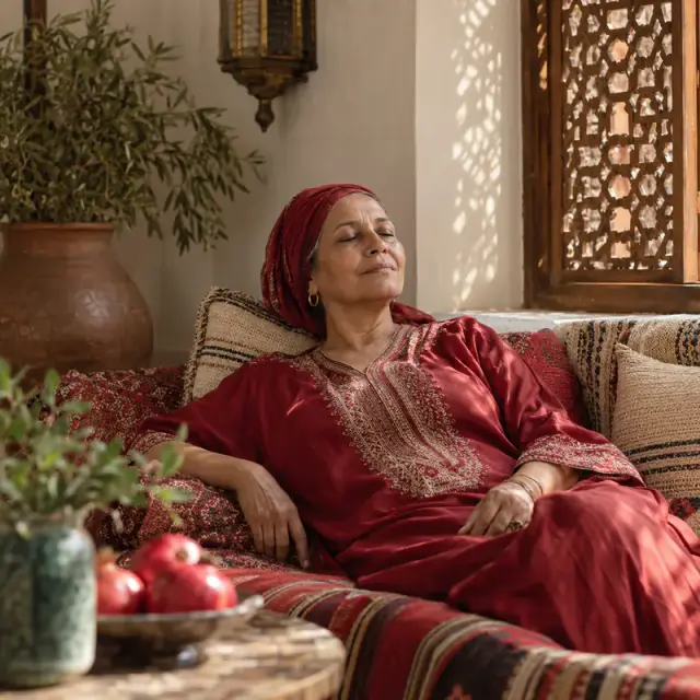 Une Marocaine se repose les yeux fermés sur une banquette, dans un salon paisible.