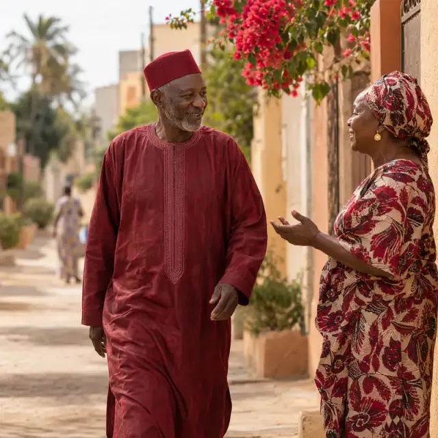 Un Sénégalais marche tranquillement dans son quartier le matin et salue un voisin.