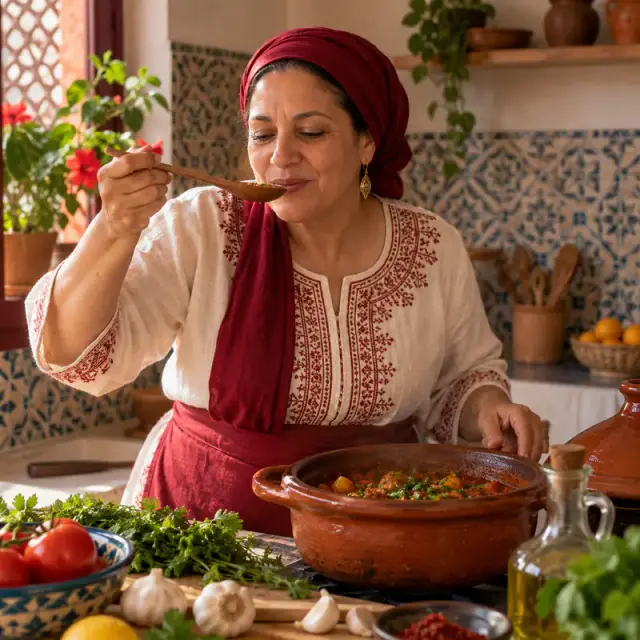 Une Tunisienne cuisine avec herbes fraîches, ail et huile d'olive dans une cuisine carrelée.