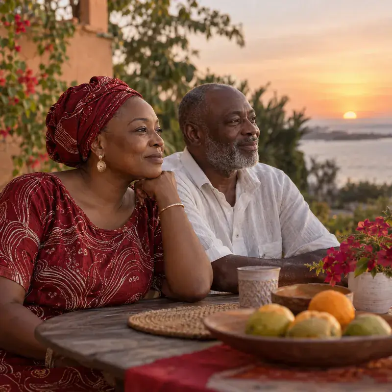 Un couple ivoirien, assis dans le jardin en fin d'après-midi, regarde tranquillement l'horizon.
