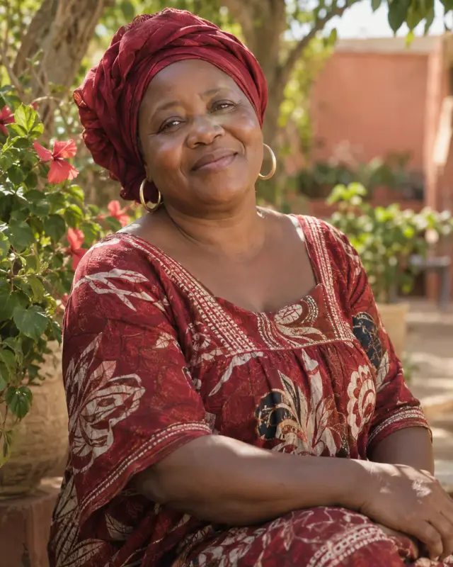 Portrait d'une Camerounaise sereine au foulard rouge, souriante dans un jardin ensoleillé.