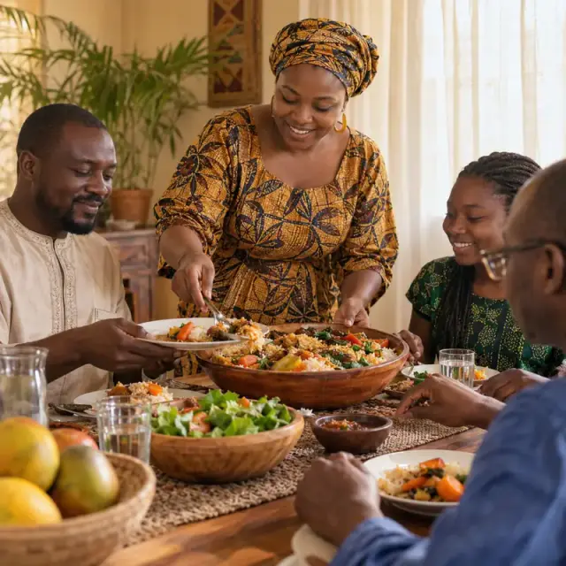 Une famille sénégalaise se met à table pour le déjeuner, la mère sert le riz et les légumes.