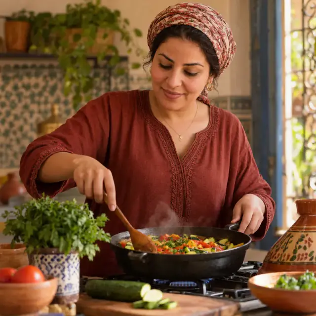 Une Marocaine prépare un plat de légumes simple dans une seule poêle.