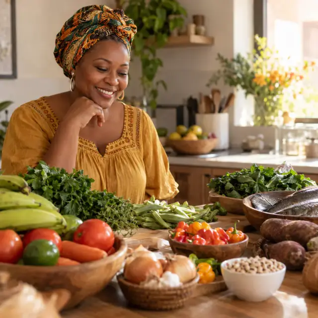 Une Camerounaise sourit devant une table garnie d'ingrédients frais pour la semaine.