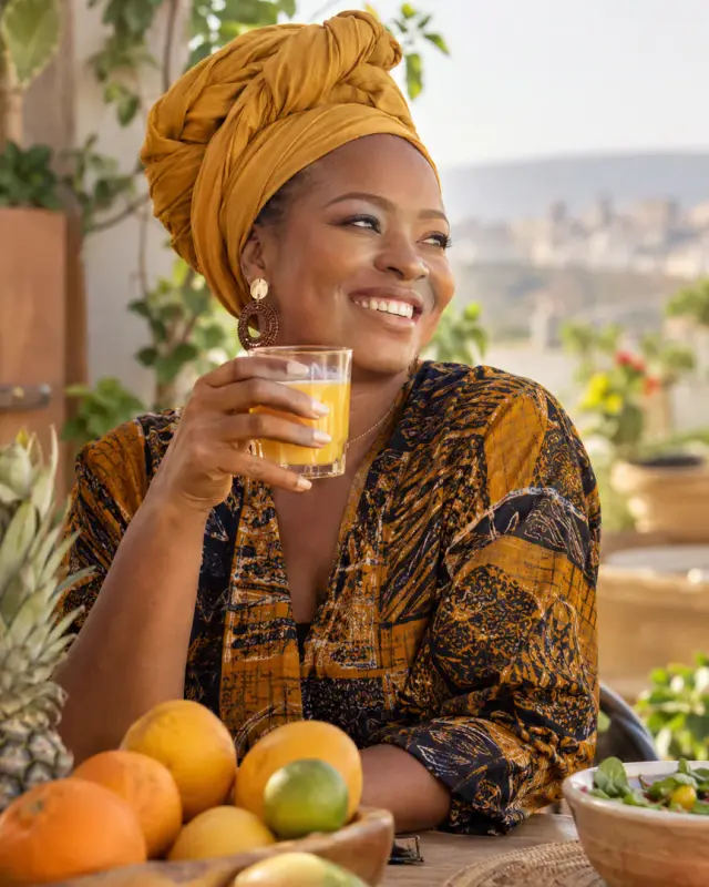 Portrait d'une Camerounaise rayonnante tenant un jus frais sur une terrasse ensoleillée.