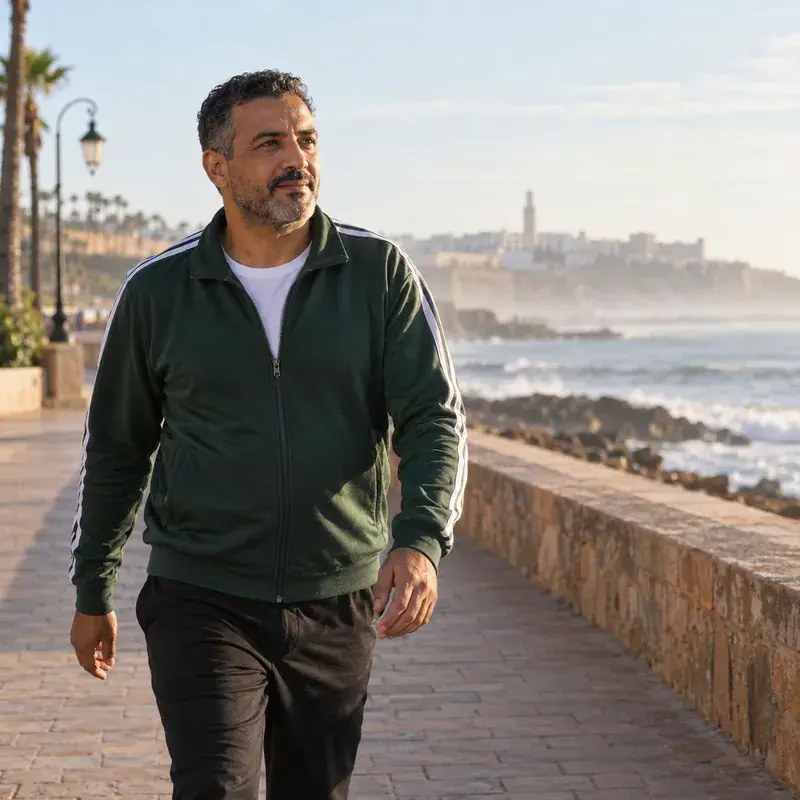 Un homme marocain marche d'un bon pas sur la corniche au bord de la mer, tôt le matin.