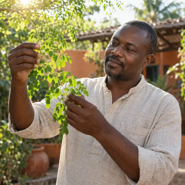 Un homme ivoirien observe une branche de moringa fraîche dans son jardin, à contre-jour.